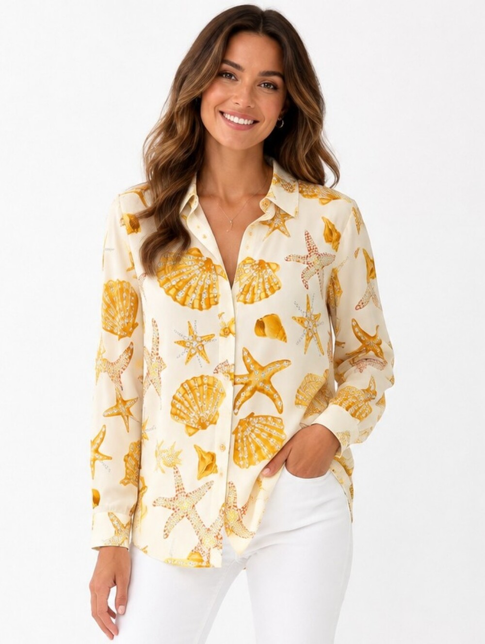 Rachel Zoe Seashell Starfish Print‎ Button Front Blouse Cream Medium Beach